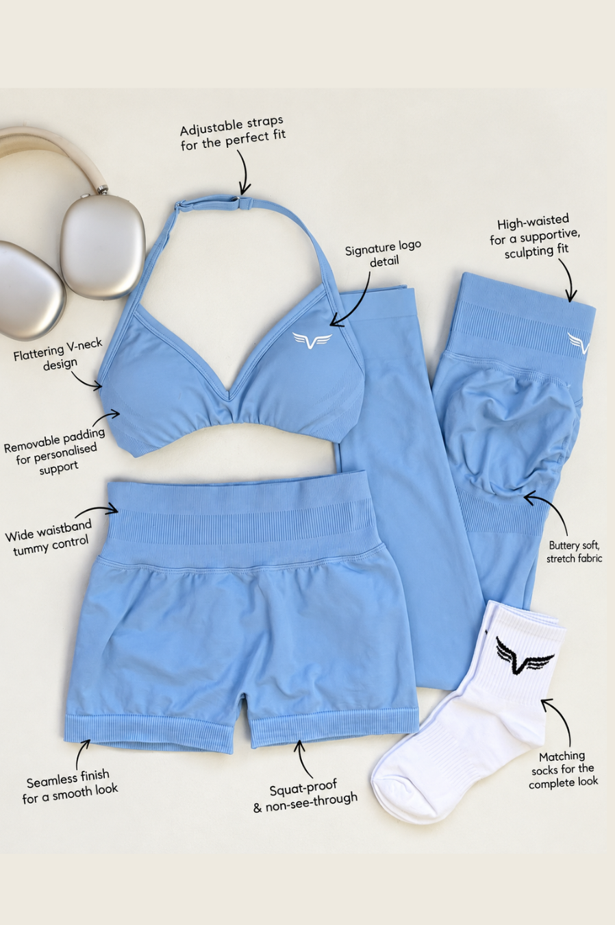 Club Athletica Dynamic Flex Seamless Scrunch Bum Leggings Powder Blue