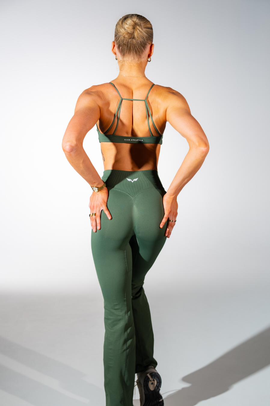 Club Athletica Amplify Invisible Scrunch Crossover Gym Flare Leggings Alpine Green