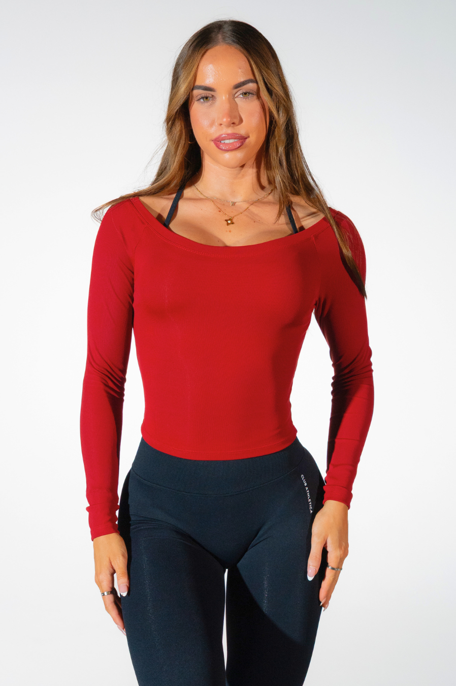 Club Athletica Off Shoulder Long Sleeve Red