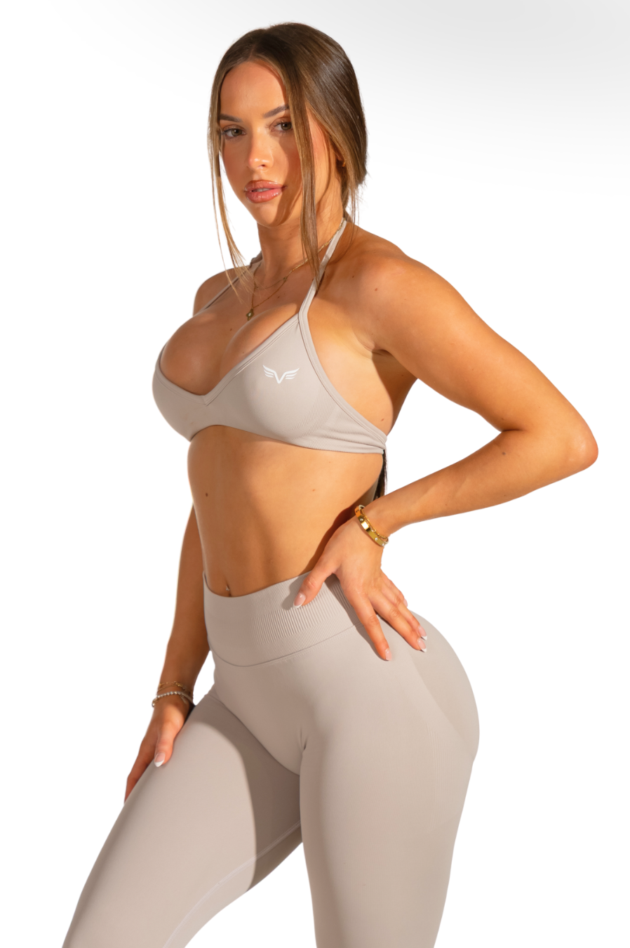 Club Athletica Dynamic Flex Adjustable Halter Sports Bra Beige