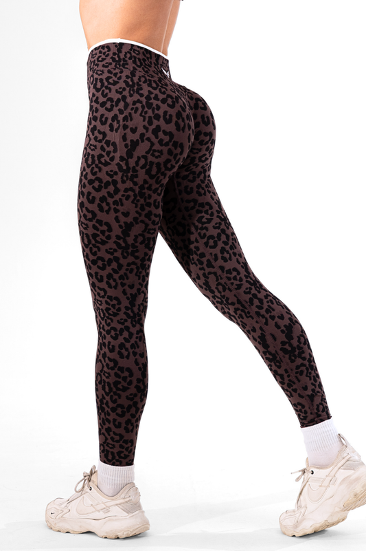 Club Athletica Impact Sculpt Seamless Scrunch Bum Leggings Espresso Brown Leopard