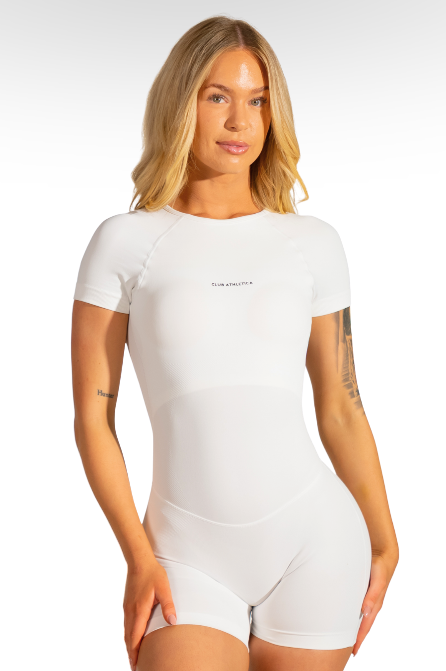 Club Athletica Flex Short Sleeve Gym Bodysuit Glute Contour White
