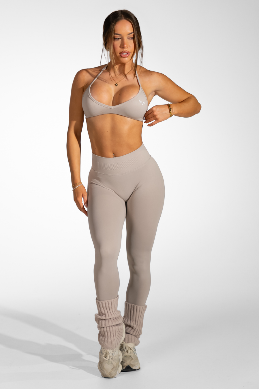 Club Athletica Dynamic Flex Adjustable Halter Sports Bra Beige