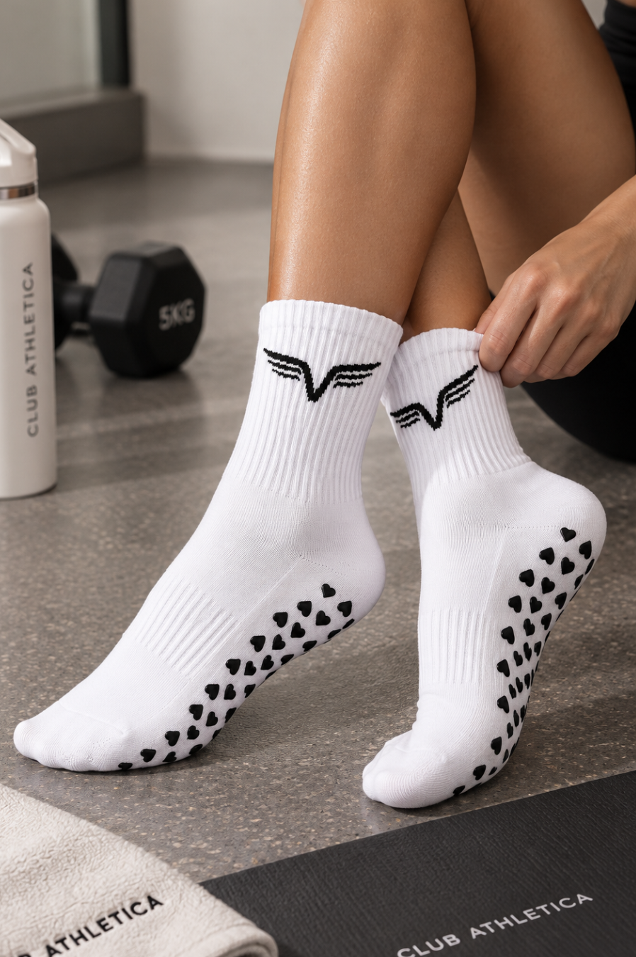 Club Athletica Premium Black Heart Pilates Socks White