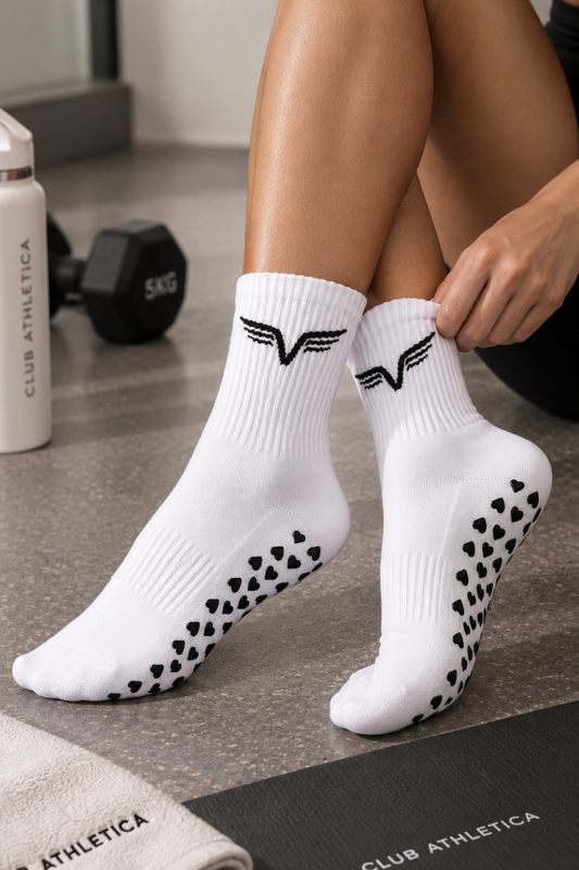 Club Athletica Premium Black Heart Pilates Socks White