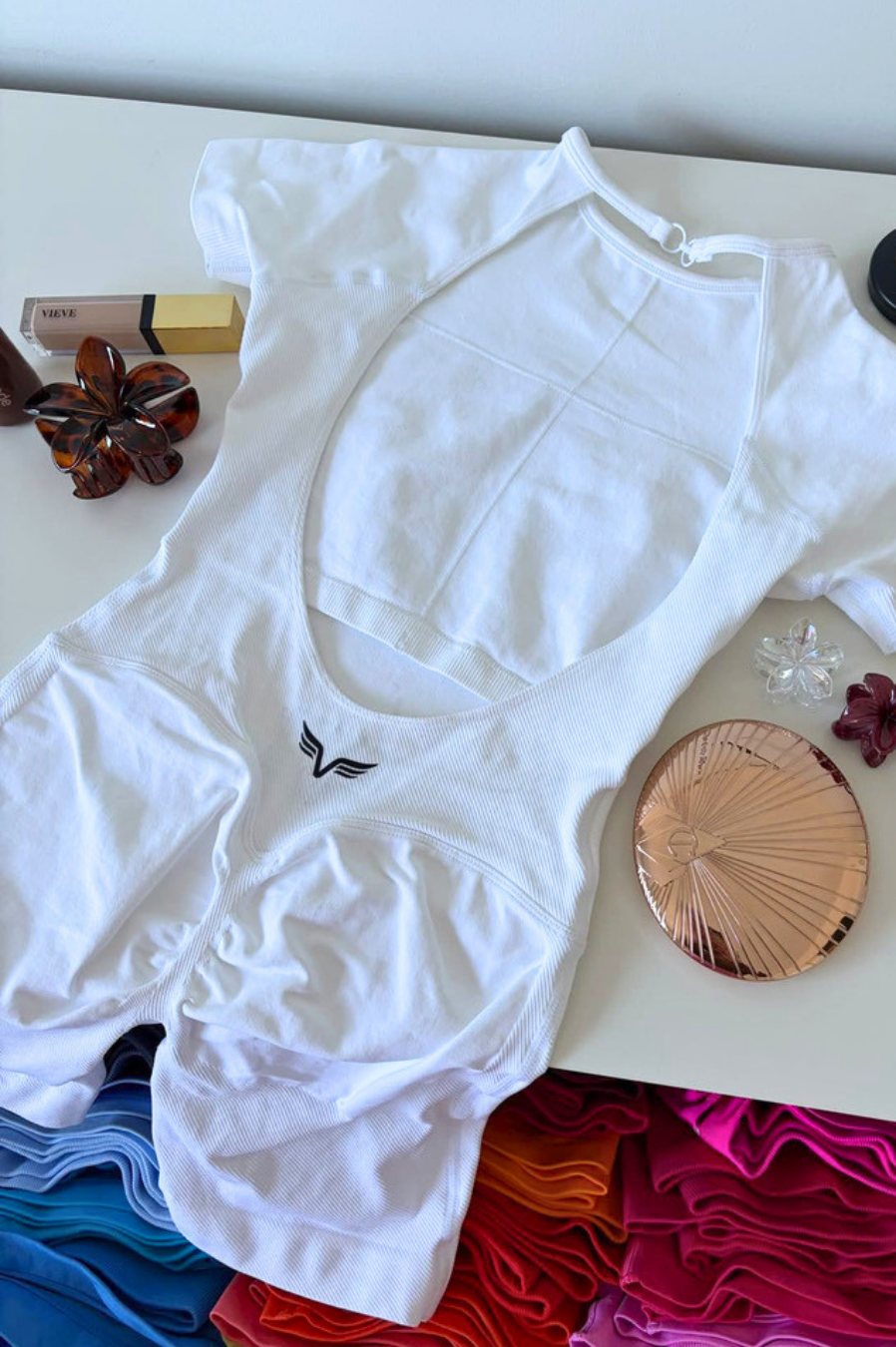 Club Athletica Flex Short Sleeve Gym Bodysuit Glute Contour White