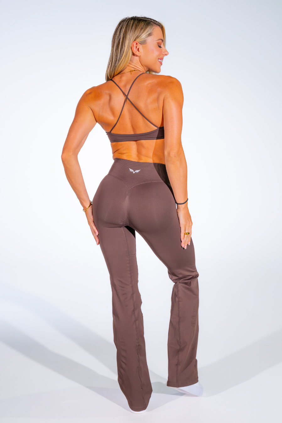 Club Athletica Amplify Invisible Scrunch Crossover Gym Flare Leggings Truffle Brown