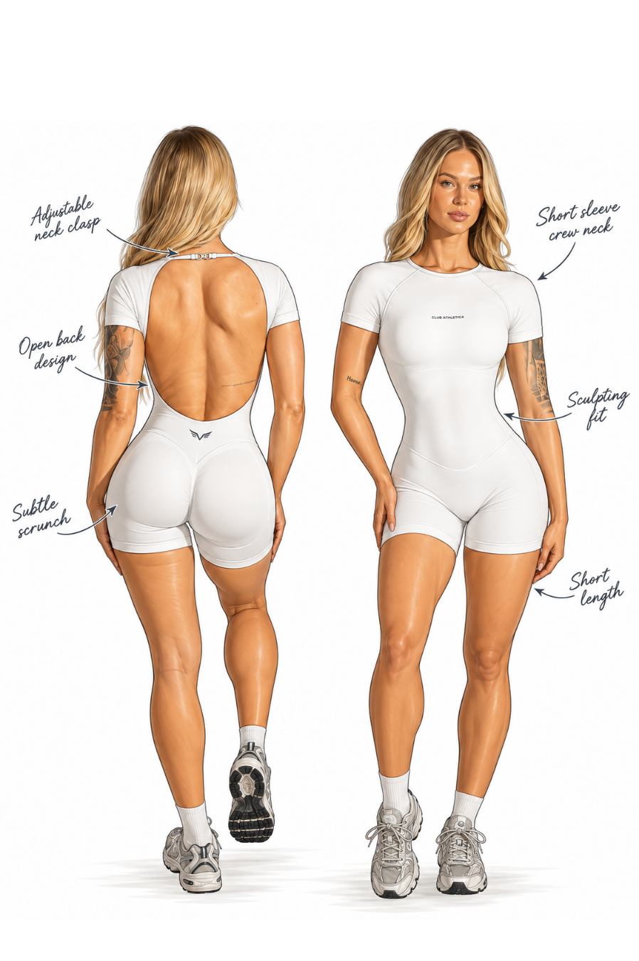 Club Athletica Flex Short Sleeve Gym Bodysuit Glute Contour White