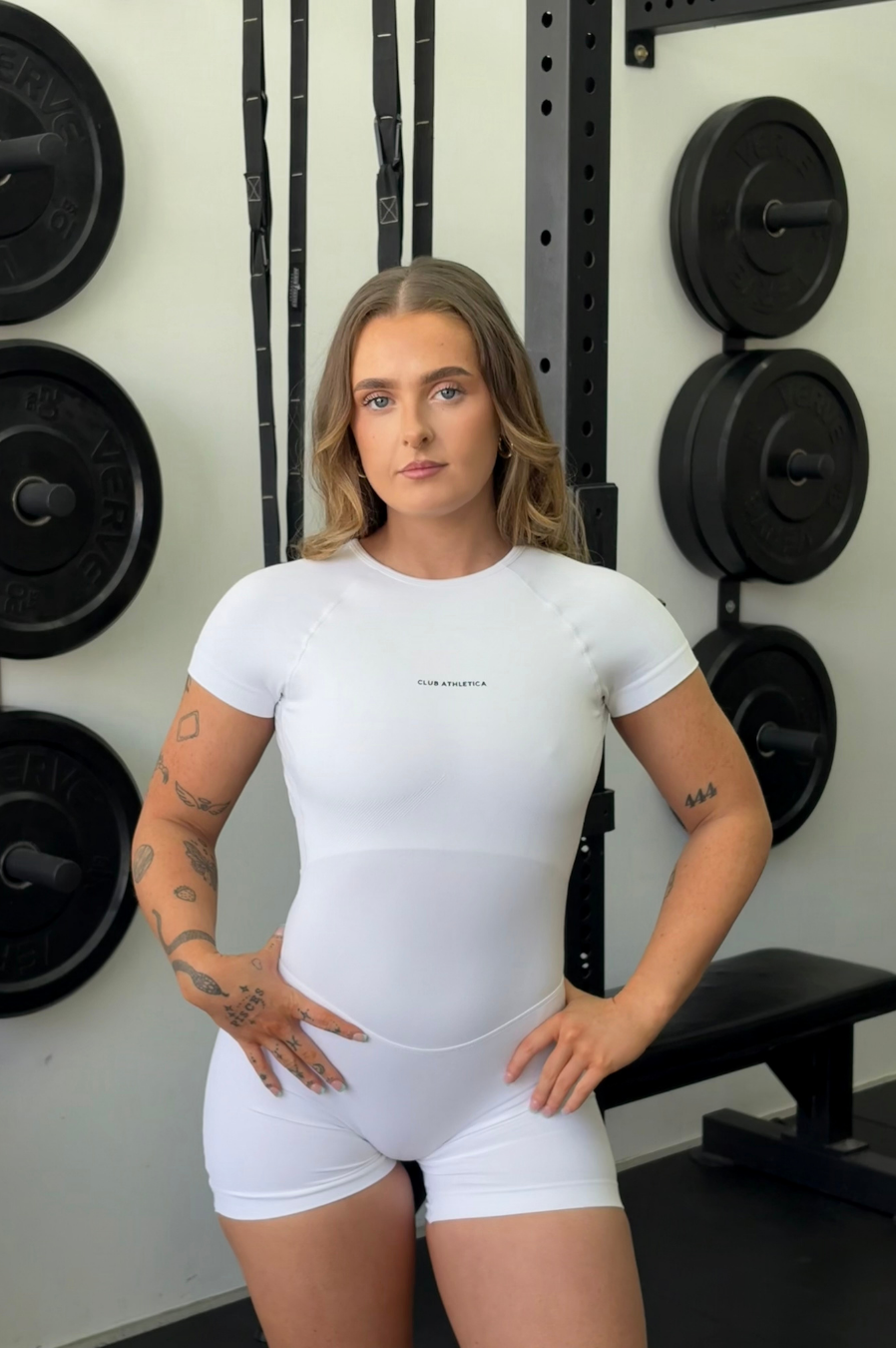 Club Athletica Flex Short Sleeve Gym Bodysuit Glute Contour White