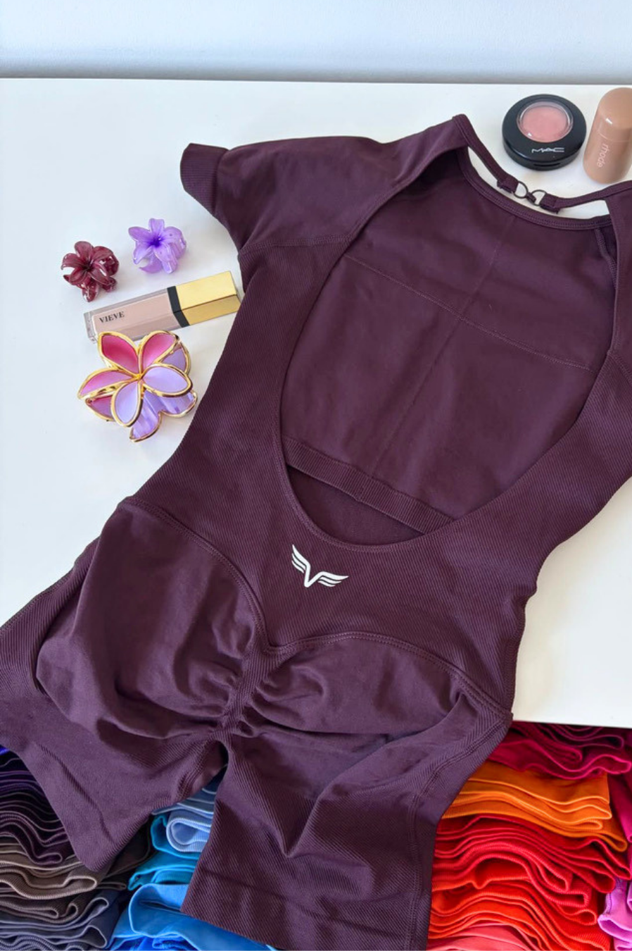 Club Athletica Flex Short Sleeve Gym Bodysuit Glute Contour Mocha Velvet