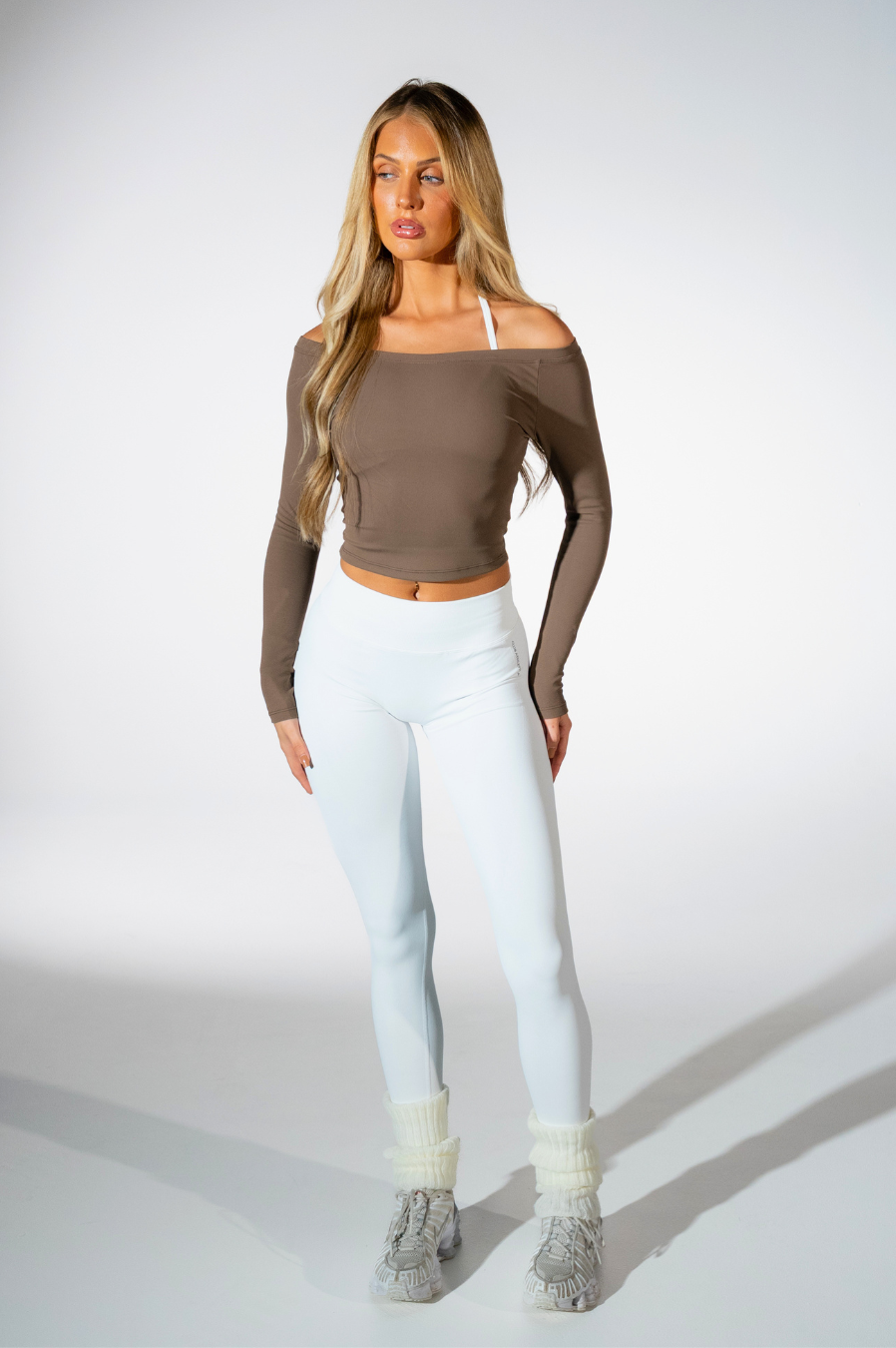 Club Athletica Off Shoulder Long Sleeve Coffee Brown