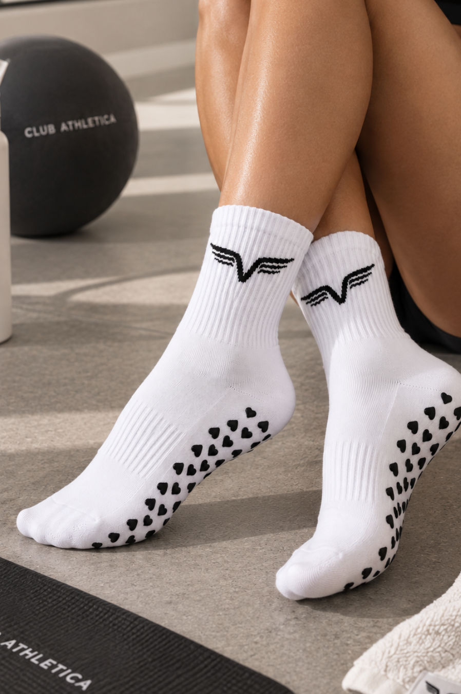 Club Athletica Premium Black Heart Pilates Socks White