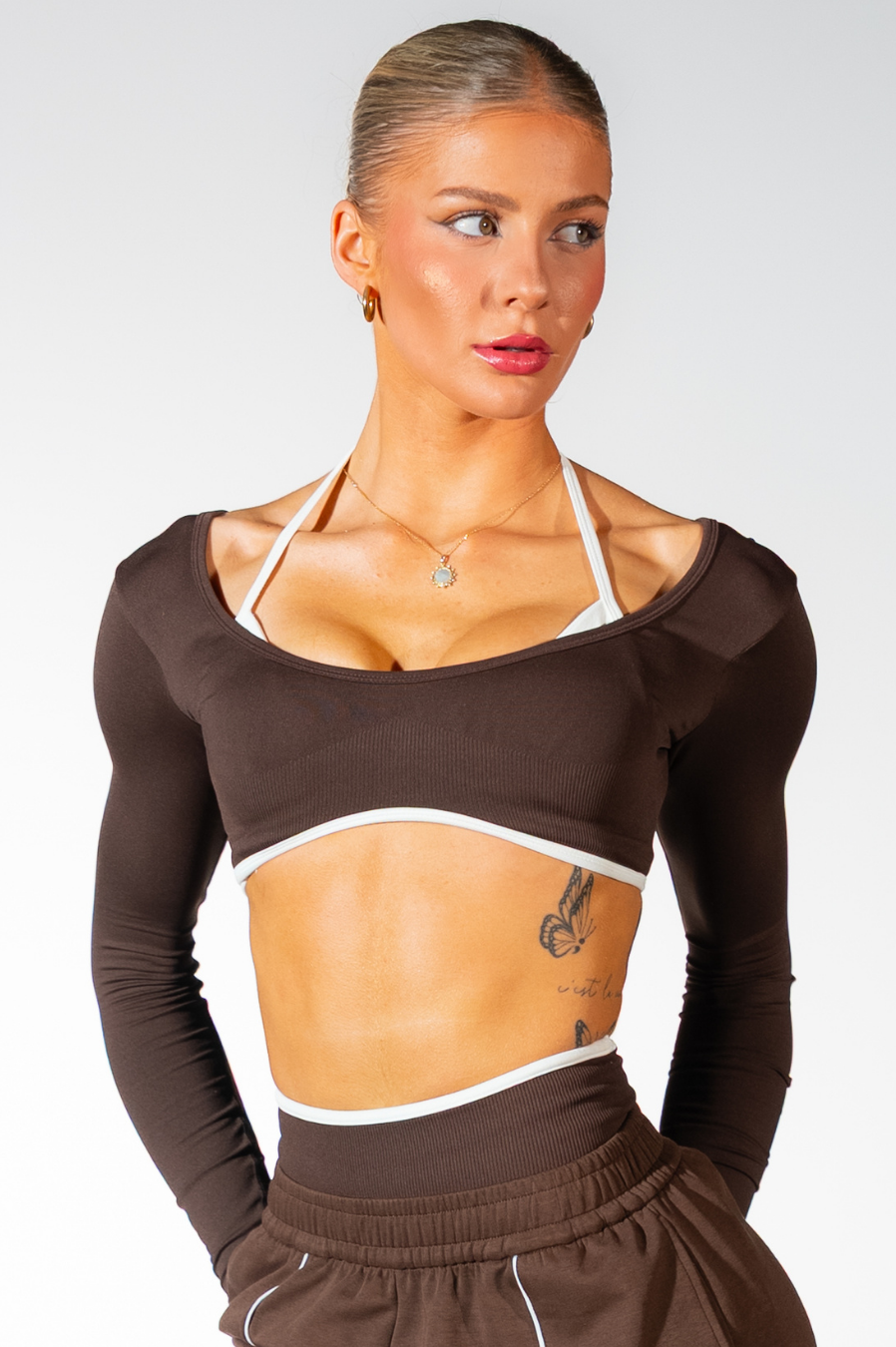 Club Athletica Impact Sculpt Seamless Long Sleeve Crop Top Espresso Brown