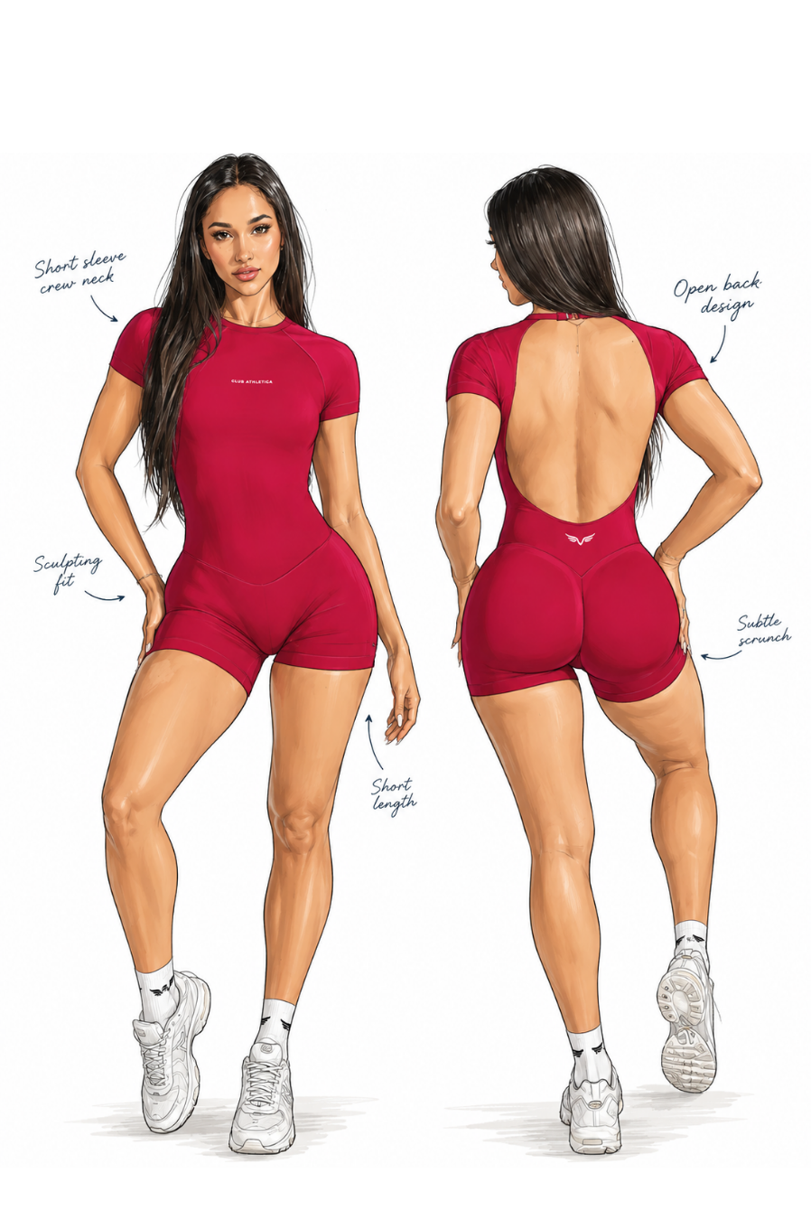 Club Athletica Flex Short Sleeve Gym Bodysuit Glute Contour Festive Red