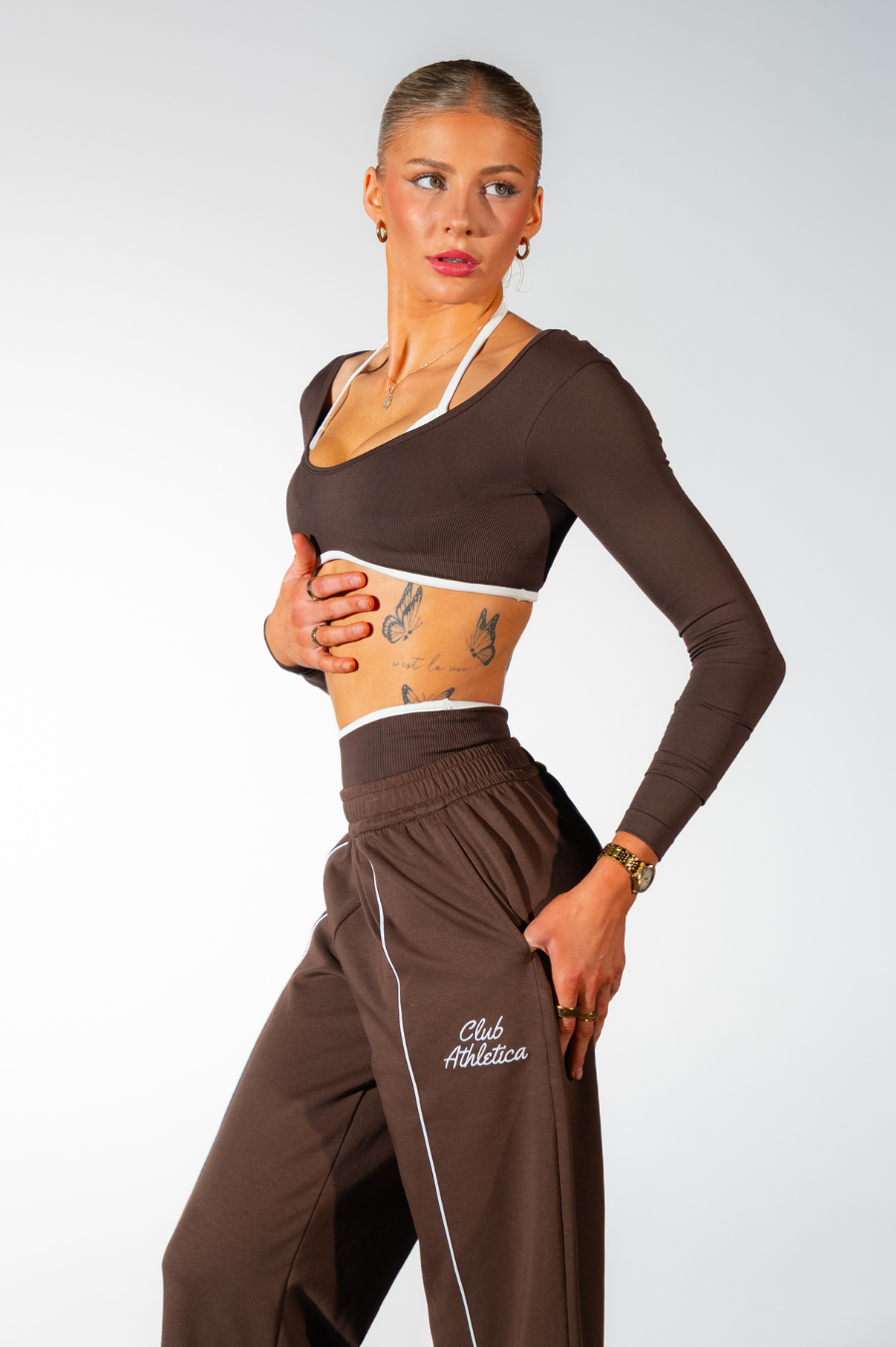 Club Athletica Impact Sculpt Seamless Long Sleeve Crop Top Espresso Brown