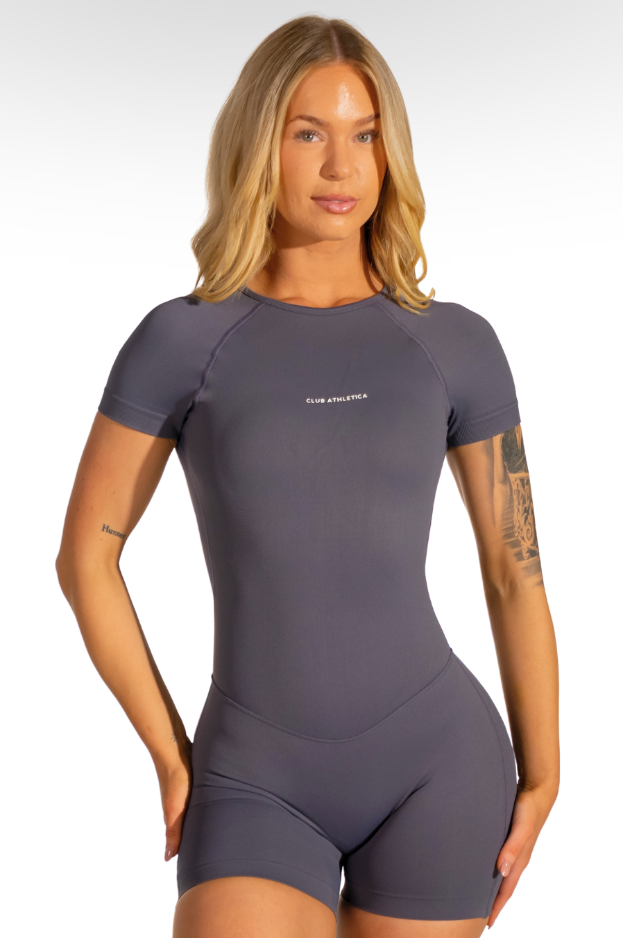 Club Athletica Flex Short Sleeve Gym Bodysuit Glute Contour Graphite