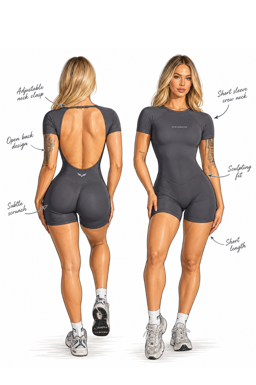 Club Athletica Flex Short Sleeve Gym Bodysuit Glute Contour Graphite