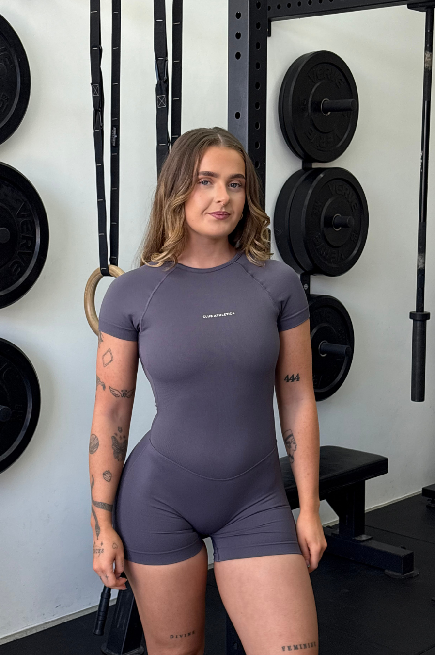 Club Athletica Flex Short Sleeve Gym Bodysuit Glute Contour Graphite