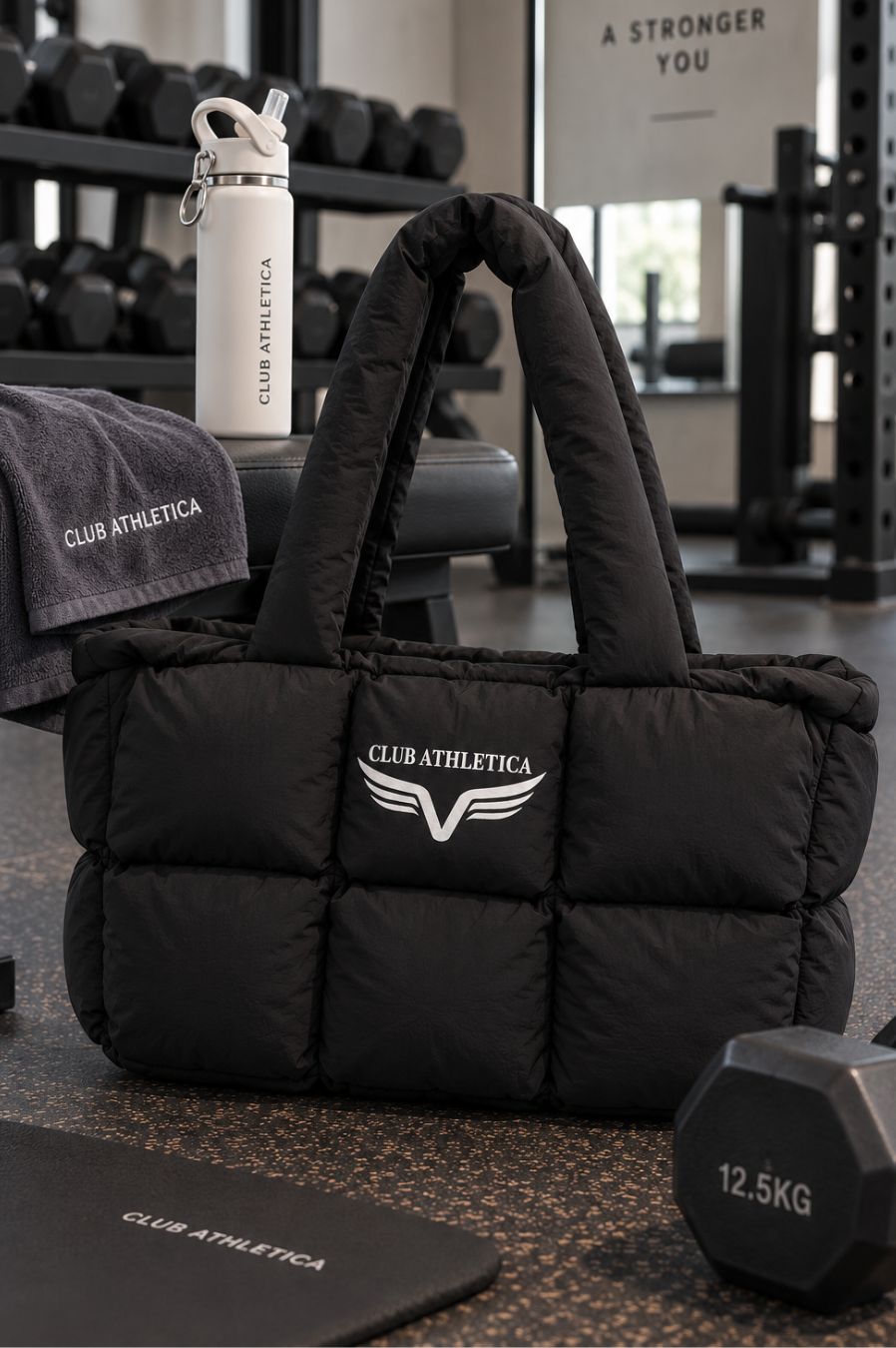 Club Athletica Luxury Black Puffer Tote Bag Quilted Shoulder & Gym Bag