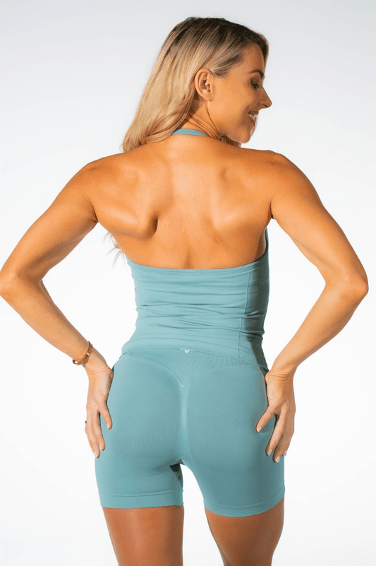 Club Athletica Flex Ruched Halter Tank Top Slate Green