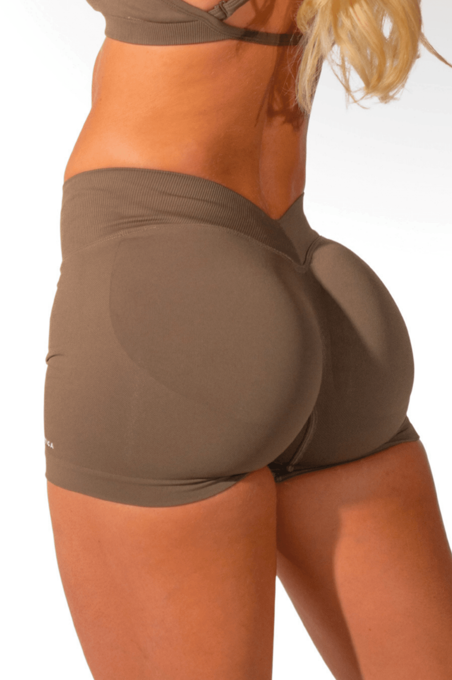 Club Athletica Sculptura V Back Seamless Scrunch Shorts Coffee Brown