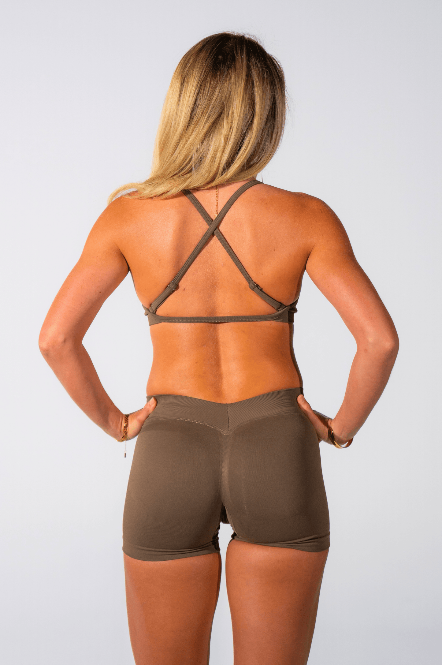 Club Athletica Sculptura V Back Seamless Scrunch Shorts Coffee Brown