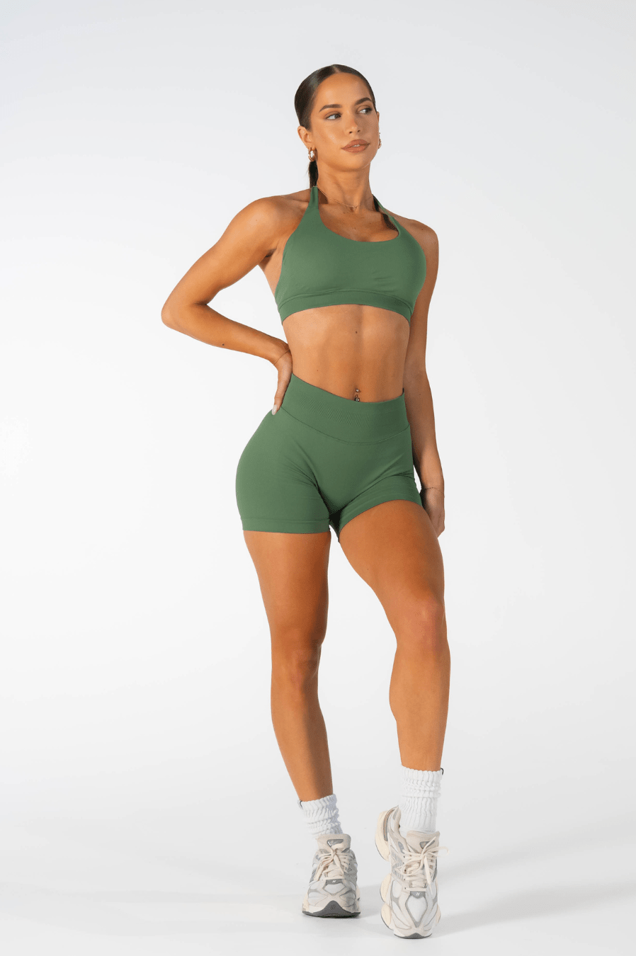 Club Athletica Flex Seamless Halter Sports Bra Army Green